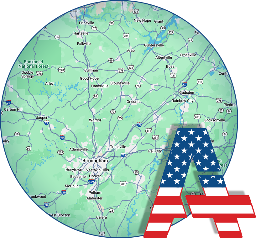Service area map with A Plus Portable Restrooms logo